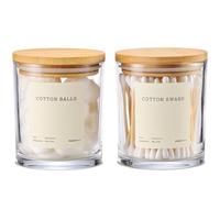 MaisoNovo Cotton Bud Holder Set - Airtight 375 ml Glass Cotton Pad Holder for Q-Tips, Cotton Rounds, Cotton Balls, Floss Picks, Hair Ties with Free Labels Pack - 2 x Clear Jars with Bamboo Lids