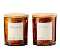 MaisoNovo Cotton Bud Holder Set - Airtight 375 ml Glass Cotton Pad Holder for Q-Tips, Cotton Rounds, Cotton Balls, Floss Picks, Hair Ties with Free Labels Pack - 2 x Amber Jars with Bamboo Lids