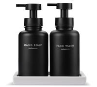 MaisoNovo Glass Foaming Soap Dispenser - 400 ml Black Glass Foaming Hand Wash Dispenser Black Pumps x 2 with White Ceramic Tray, Waterproof Labels