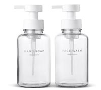 MaisoNovo Glass Foaming Soap Dispenser Set of 2-400 ml Clear Glass Foaming Hand Wash Dispenser White Pump x 2, Waterproof Labels