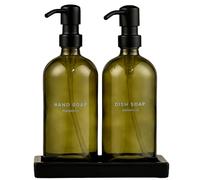 MaisoNovo Hand and Dish Soap Dispenser Kitchen Set - 500 ml Green Glass Soap Dispenser Bottle with Pump Black x 2, Black Ceramic Tray and Waterproof Labels