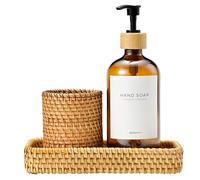 MaisoNovo Rattan Bathroom Set - Amber Countertop Dispenser, Toothbrush Holder & Toothpaste Cup with Tray - Set of 3 - Rattan Bathroom Vanity Trays Rectangle for Storage