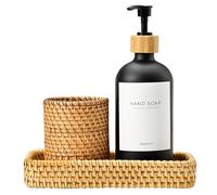 MaisoNovo Rattan Bathroom Set - Black Countertop Dispenser, Toothbrush Holder & Toothpaste Cup with Tray - Set of 3 - Rattan Bathroom Vanity Trays Rectangle for Storage