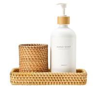 MaisoNovo Rattan Bathroom Set - White Countertop Dispenser, Toothbrush Holder & Toothpaste Cup with Tray - Set of 3 - Rattan Bathroom Vanity Trays Rectangle for Storage