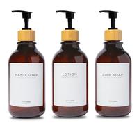 MaisoNovo Refillable Shampoo and Conditioner Bottles | 500 ml Set of 3 Amber Plastic Bottles Black Bamboo Pumps