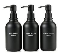 MaisoNovo Refillable Shampoo and Conditioner Bottles - Set of 3, 500ml Black Plastic Bottle and Black Pump - Shampoo and Conditioner Bottles with Labels - Shower Gel Dispenser