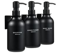 MaisoNovo Shampoo and Conditioner Dispenser Set of 3-500 ml Black Shower Gel Dispenser Wall Mounted with Black Pumps - Drill Free Secure Mounting