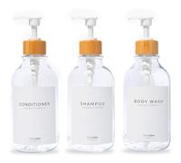 MaisoNovo Shampoo and Conditioner Dispenser Set of 3-500 ml Clear Shampoo Bottles With Pump White Bamboo - Refillable Shower Soap Dispenser Set