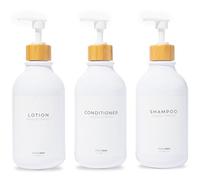 MaisoNovo Shampoo and Conditioner Dispenser Set of 3-500 ml White Shampoo Bottles With Pump White Bamboo - Refillable Shower Soap Dispenser Set