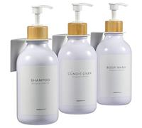 MaisoNovo Shampoo and Conditioner Dispenser Set of 3-500 ml White Shower Gel Dispenser Wall Mounted with White Bamboo Pumps - Drill Free Secure Mounting