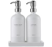 MaisoNovo Soap Dispenser 3-Piece Set | 500 ml White Bottles Silver Plastic Pumps with Ceramic Tray