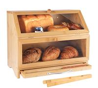 MAISONPEX Double Layer Large Bamboo Bread Box for Kitchen Countertop, Cutting Board, and Stainless Steel Bread Knife, Large Capacity Bread Storage Container with Clear Windows (Self-Assembly)