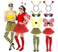Maiteenly 10 Pcs Halloween Bee and Ladybug Costume Set for Adults Include Tutu Skirt Wings Headband Glasses Knee High Socks for Women Bug Insect Party Halloween Cosplay Ladybug Bee Accessories