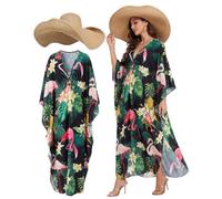Maiteenly 2 Pcs Hawaiian Women Set Print Caftan Beach Dresses Coverup and Oversized Beach Straw Floppy Hats for Summer