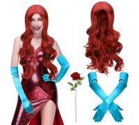 Maiteenly 3 Pcs Halloween Rabbit Costume for Women Include Red Wig Blue Long Gloves Red Rose for Women Dress Cosplay Party