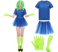 Maiteenly 4 Pcs Halloween Story Alien Costume Blue T Shirt Tutu Skirts Alien Glove Sock for Halloween Adult Women Cosplay(L)