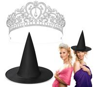 Maiteenly 4 Pcs Witch Hat and Princess Crown Set Royal 2 Queen Crown 2 Black Wizard Hats Decoration Witches Princess Themed Party Supplies for Halloween Favors Decor