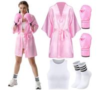 Maiteenly 5 Pcs Halloween Boxing Costume Set for Adult Women Pink Boxer Costumes Set with Satin Boxing Robe Face Paint, Pink, White, Black, Medium