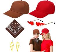 Maiteenly 5 Pcs Halloween Red Racing and Coffee Tow Costume Accessories Set 2 Baseball Cap 1 Fire Flame Sunglasses 1 Lightning Earrings 1 Western Cowboy Scarf Friend Car Duo Outfits for Adults Cosplay