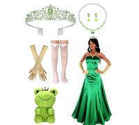 Maiteenly 6 Pcs Princess Costume Accessories Set Green Princess Crown Necklace Earrings Satin Gloves Silk Stockings and Plush Frog Doll for Women Halloween Cosplay Birthday Party Favors