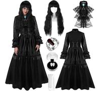 Maiteenly 6 Pcs Women Victorian Vampire Costume Plus Size Gothic Dress Wig Collar Fangs Ring for Halloween Cosplay Party(L)