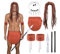Maiteenly Caveman Costume for Man Jungle Cloth Include Wig Jungle Fake Tooth Necklace Spear for Halloween Cosplay Party