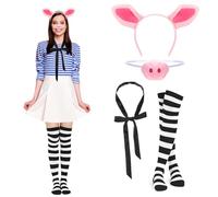 Maiteenly Halloween Cosplay Costumes Accessory Pig Ear Headband, Nose, Tie, Strip Socks for Halloween Cosplay Party, Black,white, about 20.5 inches long
