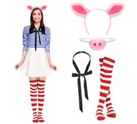 Maiteenly Halloween Cosplay Costumes Accessory Pig Ear Headband, Nose, Tie, Strip Socks for Halloween Cosplay Party, Red,white, Socks size: about 20.5 inches long