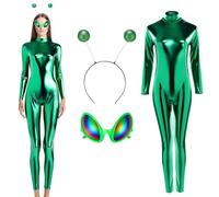 Maiteenly Women's Shiny Metallic Unitard Bodysuit Catsuit Alien Headband and Glasses Halloween Jumpsuit Costume Accessories, Green, Large
