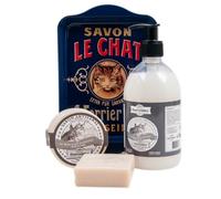 Maitre Savonitto French Gift Set - Organic Donkey Milk Moisturising Soaps - 100g Round Soap in Wooden Box - Natural Raw Cut Bar & 500ml Liquid Hand & Body Wash on a Reusable Vintage Metal Tray