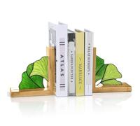 Maitys 1 Set Stained Glass Ginkgo Leaf Bookends with Oak Wood Base Desk Organizer Novelty Bookends Cute Book Ends for Shelves Decorative Office Gift