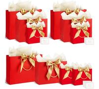 Maitys 10 Set Red Paper Gift Bags Assorted Sizes with Ribbon, Greeting Card Tissue Paper (3 Large 12.6", 3 Medium 11", 4 Small 7.5") Luxury Gift Bags for Wedding Birthday Baby Shower Anniversary