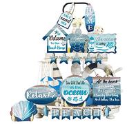 Maitys 21 Pcs Summer Beach Tiered Tray Decor Set Farmhouse Tray Decor Items Sea Turtle Shell Conch Wood Sign Rustic Beach Table Decoration for Home Kitchen Hawaii Party Holiday Outdoor Shelf