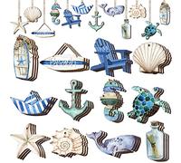 Maitys 36 Pcs Ocean Beach Wooden Ornaments Christmas Tree Decorations Coastal Nautical Seaside Wood Cutouts Navigation Hanging Ornaments Xmas Decorations for Home Small Tree Crafts(Beach Sea)