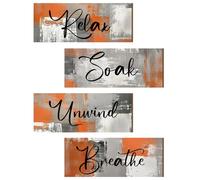 Maitys 4 Pcs Bathroom Wall Decor 10 x 4 Inch Bathroom Wall Art Contemporary Wood Bathroom Pictures for Wall Soak Unwind Relax Wall Sign Spa Rustic Vintage Farmhouse Wall Pediments (Orange)