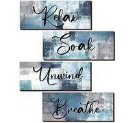 Maitys 4 Pcs Rustic Modern Bathroom Wall Art, Wooden Plaques with Blue & White Design, 10 x 4 Inch, Unframed, Wall Mount