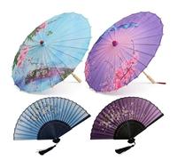 Maitys 4 Pcs Wedding Parasol & Fan Set, Silk Parasol 33" & Bamboo Folding Fan 9" with Tassel, Bridesmaid Gifts for Hen Party, Bridal Shower, Garden Wedding, Chinese Themed Photo Props