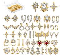 Maitys 48 Pcs Gold Nail Charms 3D Nail Heart Gems Charms Rhinestones 24 Styles Y2k Cross Heart Shiny Diamonds Dangle Crystals Jewels Decoration with Storage Box for Women DIY Hand Craft Jewelry Making
