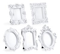 Maitys 5 Pcs Mini Picture Vintage Frames Tiny Antique Photo Baroque Ornate Resin Oval Frame Table Top Display Home Wedding Decor (White)