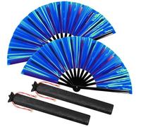 Maitys Large Rave Fan Clap Fans for Line Dancing Large Holographic Folding Hand Fans for Men and Women, Festival, Tai Ji, Kungfu, Martial Art, Gifts, Party, Laser Medium Blue