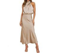 Maiukuoye Women's 2024 Elegant Sleeveless Summer Dresses Backless Satin Solid Color Cocktail Party Maxi Dresses