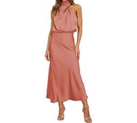 Women's 2024 Elegant Sleeveless Summer Dresses Backless Satin Solid Color Cocktail Party Maxi Dresses Pink