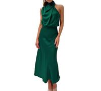 Maiukuoye Women's 2024 Elegant Sleeveless Summer Dresses Backless Satin Solid Color Cocktail Party Maxi Dresses Dark Green