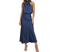 Maiukuoye Women's 2024 Elegant Sleeveless Summer Dresses Backless Satin Solid Color Cocktail Party Maxi Dresses Navy Blue