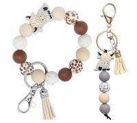 MAIXINNEW 2 Pcs Highland Cow Keychains Gifts, Highland Cows Silicone Beads Keyring, High Land Cow Beads Bracelet for Women Girls Friends (Grey)