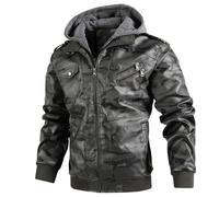 Maiyifu-GJ Casual Motorcycle Jacket for Men Faux Leather Windproof Moto Coat Vintage Bomber Hoodie with Removable Hood, Gray, 3XL