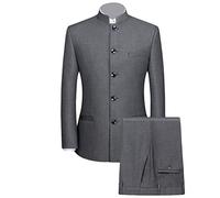 Maiyifu-GJ Men 2 Pieces Chinese Tunic Suit Mandarin Collar Blazer Set Button Jacket Pant Set Traditional Uniform Groom Dress, Dark Grey, S