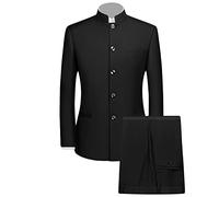 Maiyifu-GJ Men 2 Pieces Chinese Tunic Suit Mandarin Collar Blazer Set Button Jacket Pant Set Traditional Uniform Groom Dress, Black, S