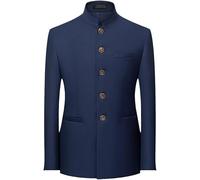 Maiyifu-GJ Men 2 Pieces Chinese Tunic Suit Mandarin Collar Blazer Set Button Jacket Pant Set Traditional Uniform Groom Dress, Bluea2, 5XL