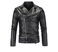 Maiyifu-GJ Men Faux Leather Motorcycle Jacket Retro Notched Lapel Pu Biker Coat Asymmetric Zipper Slim Outwear Overcoat, Black, M